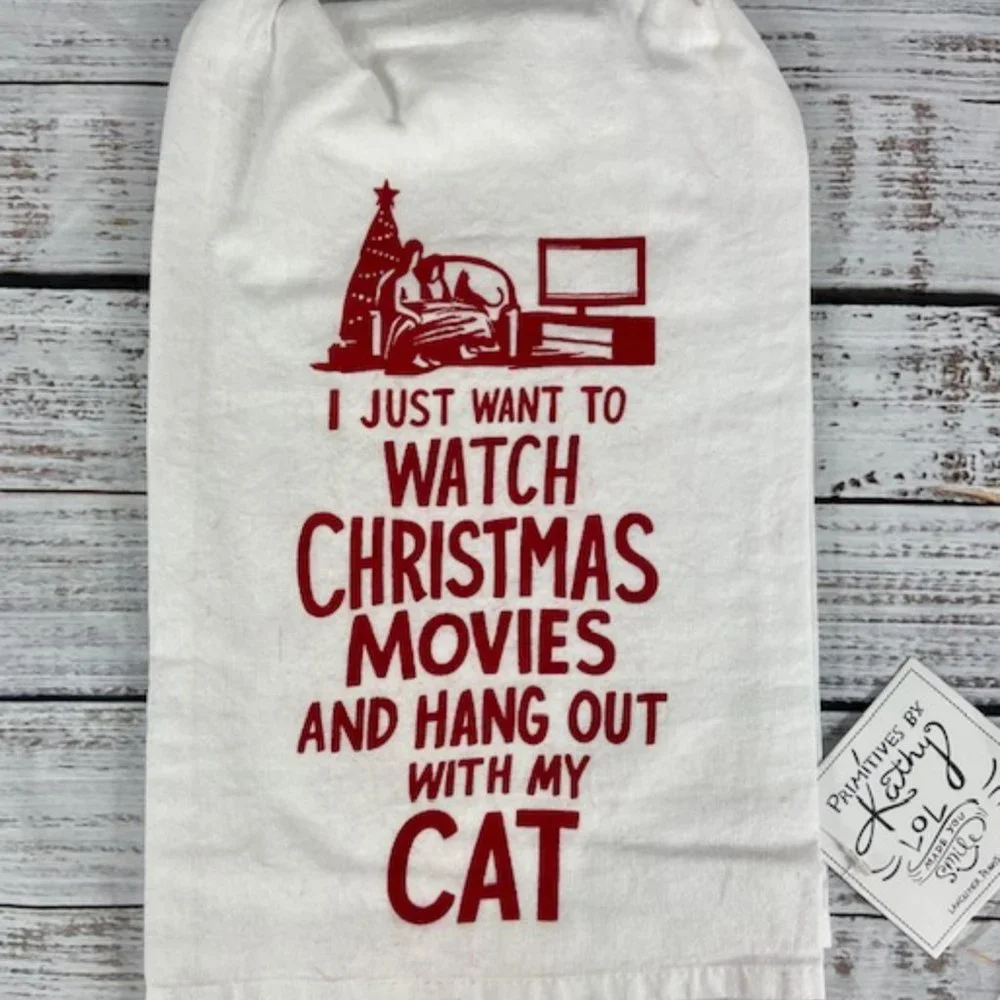 Primitives by Kathy 28 x 28 inch cotton Christmas Towel Watch Movies & Hang Out - Picture 1 of 2